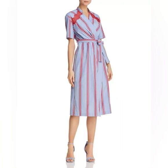 SANDRO Paris Mellow Stripe Blue Red Wrap Midi Shirt Dress Lace Inserts Size S - Picture 5 of 15